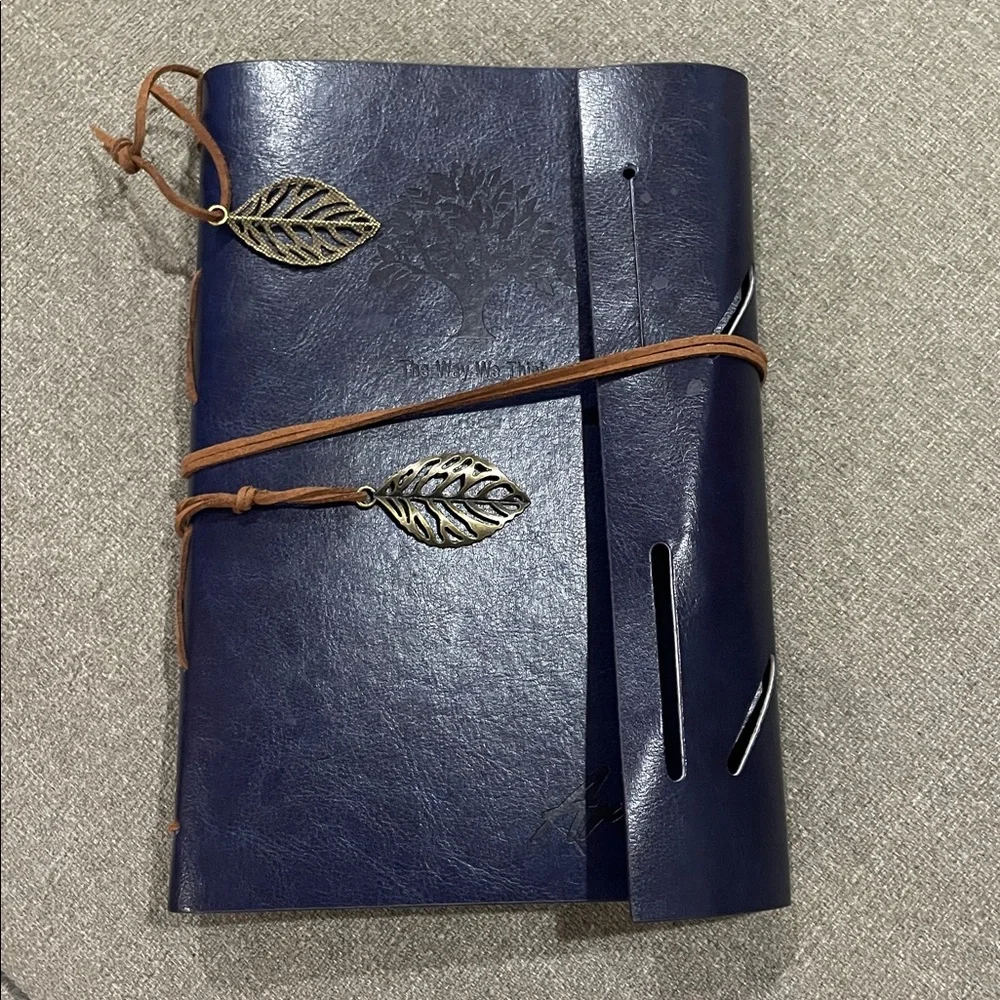 Artive A5 Tree The Way We Think Navy Blue Leather Journal Leaf Charm Tan Color